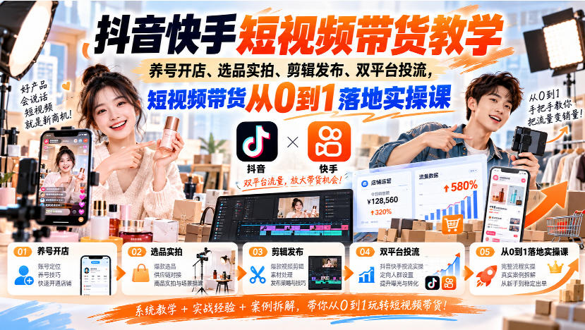 抖音快手短视频带货教学|养号开店、选品实拍、剪辑发布、双平台投流,短视频带货从0到1落地实操课-MFXUI中国站