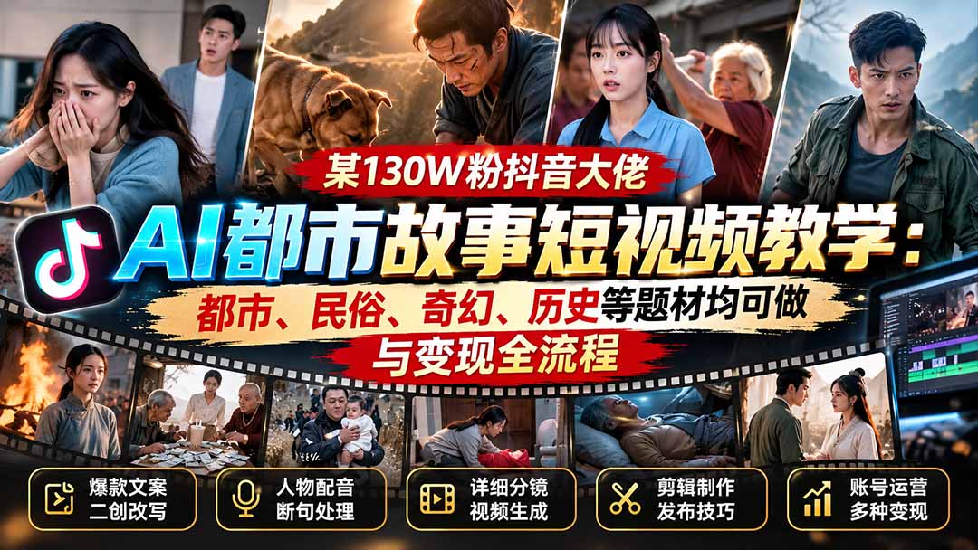某130W粉抖音大佬AI都市故事短视频教学：都市、民俗、奇幻、历史等题材均可做与变现全流程-MFXUI中国站