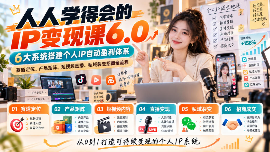 人人学得会的IP变现课6.0，6大系统搭建个人IP自动盈利体系，赛道定位、产品矩阵、短视频直播、私域裂变招商全流程-MFXUI中国站