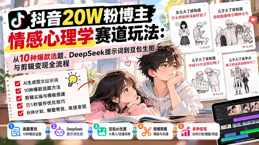 抖音20W粉博主-情感心理学赛道玩法：从10种爆款选题、DeepSeek提示词到豆包生图与剪辑变现全流程-MFXUI中国站