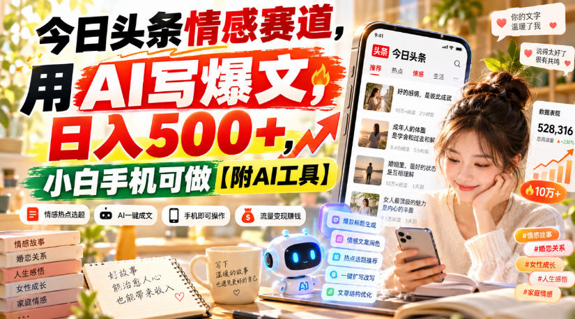 今日头条情感赛道，用AI写爆文，日入500+，小白手机可做【附AI工具】-MFXUI中国站