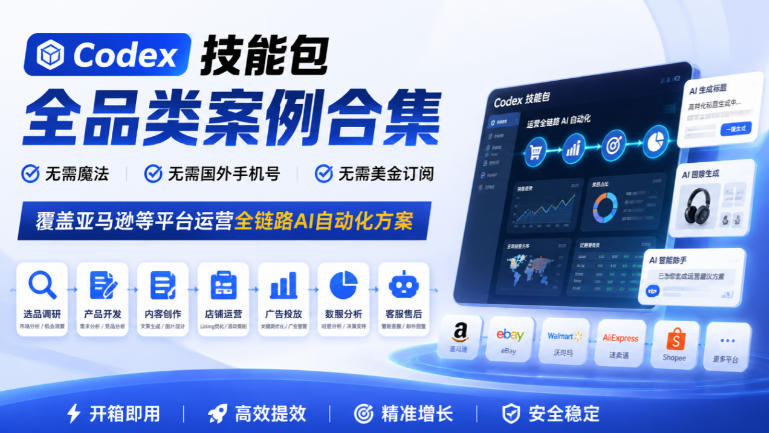 Codex技能包全品类案例合集，无需魔法、无需国外手机号、无需美金订阅，覆盖亚马逊等平台运营全链路AI自动化方案-MFXUI中国站