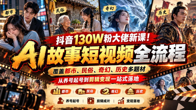 抖音130W粉大佬新课！AI故事短视频全流程，覆盖都市、民俗、奇幻、历史多题材，从养号起号到剪辑变现一站式落地-MFXUI中国站