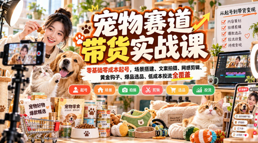 宠物赛道带货实战课，零基础零成本起号，场景搭建、文案拍摄、网感剪辑、黄金钩子、爆品选品、低成本投流全覆盖-MFXUI中国站