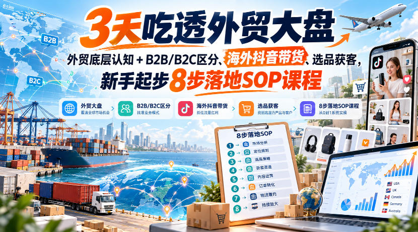 3天吃透外贸大盘，外贸底层认知+B2B/B2C区分、海外抖音带货、选品获客，新手起步8步落地SOP课程-MFXUI中国站