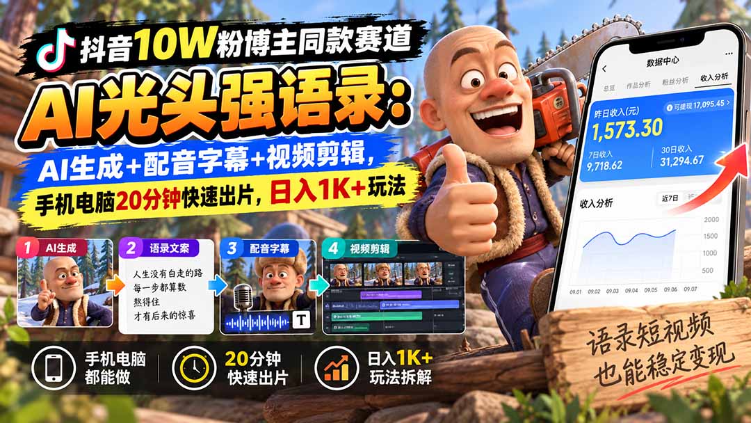 【无水印】抖音10W粉博主同款赛道AI光头强语录：AI生成+配音字幕+视频剪辑，手机电脑20分钟快速出片，日入1K+玩法-MFXUI中国站