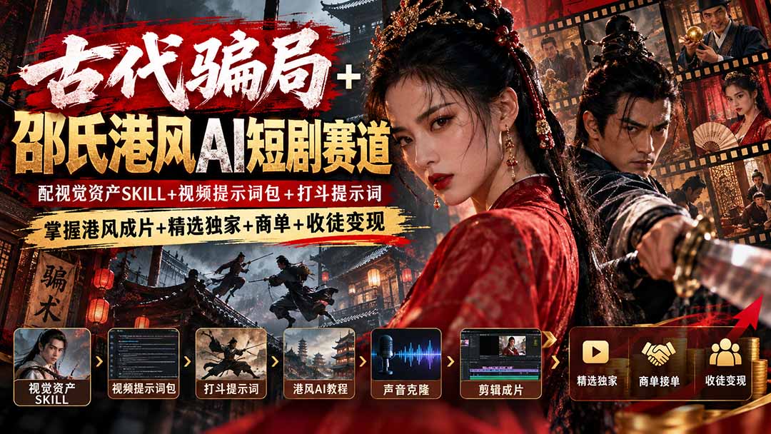 古代骗局+邵氏港风AI短剧赛道：配视觉资产SKILL+视频提示词包+打斗提示词，掌握港风成片+精选独家+商单+收徒变现-MFXUI中国站