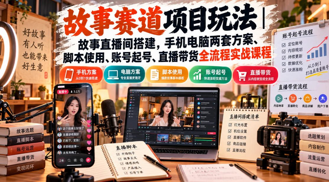 故事赛道项目玩法｜故事直播间搭建，手机电脑两套方案、脚本使用、账号起号、直播带货全流程实战课程-MFXUI中国站