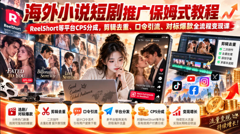 海外小说短剧推广保姆式教程｜ReelShort等平台CPS分成，剪辑去重、口令引流、对标爆款全流程变现课-MFXUI中国站
