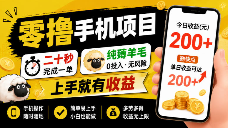 零撸手机项目,二十秒完成一单,纯薅羊毛,上手就有收益,勤快点单日收益可达200+【揭秘】-MFXUI中国站