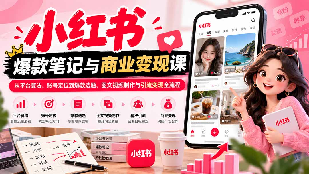 2026小红书爆款笔记与商业变现课：从平台算法、账号定位到爆款选题、图文视频制作与引流变现全流程-MFXUI中国站