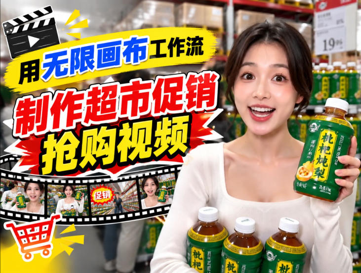 无限画布超市促销抢购视频工作流,一键产出TikTok抖音带货短视频-MFXUI中国站