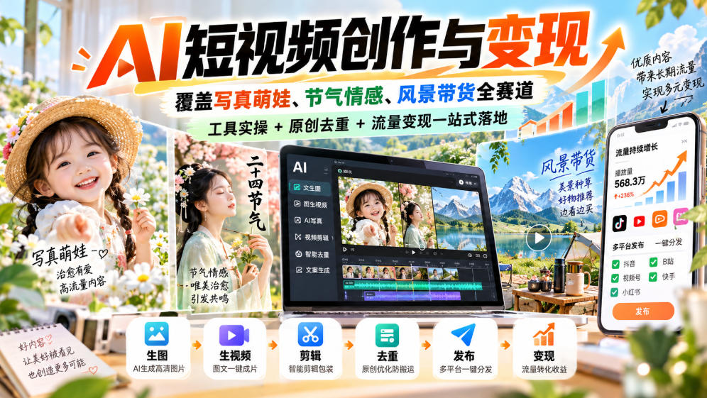 AI短视频创作与变现，覆盖写真萌娃、节气情感、风景带货全赛道，工具实操+原创去重+流量变现一站式落地-MFXUI中国站