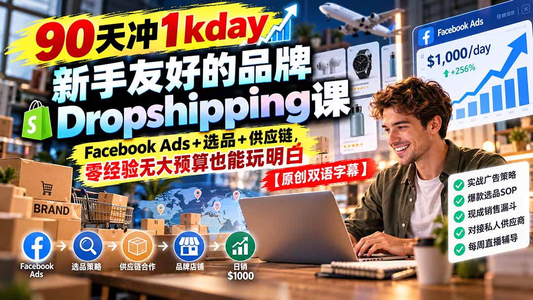 90天冲1kday 新手友好的品牌Dropshipping课：Facebook Ads+选品+供应链，零经验无大预算也能玩明白【原创双语字幕】-MFXUI中国站