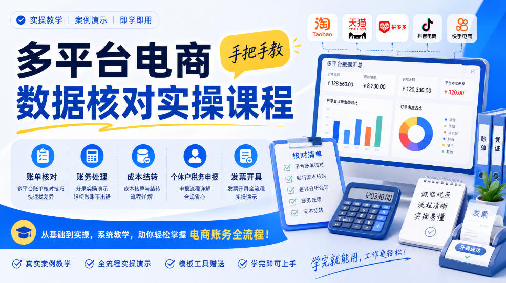 多平台电商数据核对实操课程，手把手教账单核对、账务处理、成本结转、个体户税务申报与发票开具-MFXUI中国站