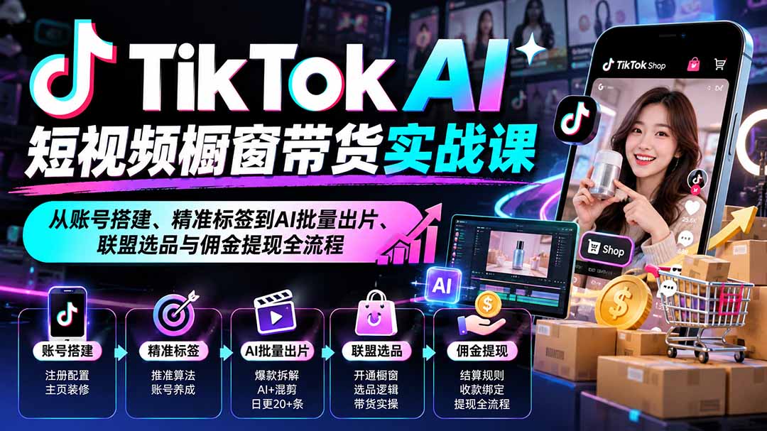 TikTok AI短视频橱窗带货实战课：从账号搭建、精准标签到AI批量出片、联盟选品与佣金提现全流程-MFXUI中国站