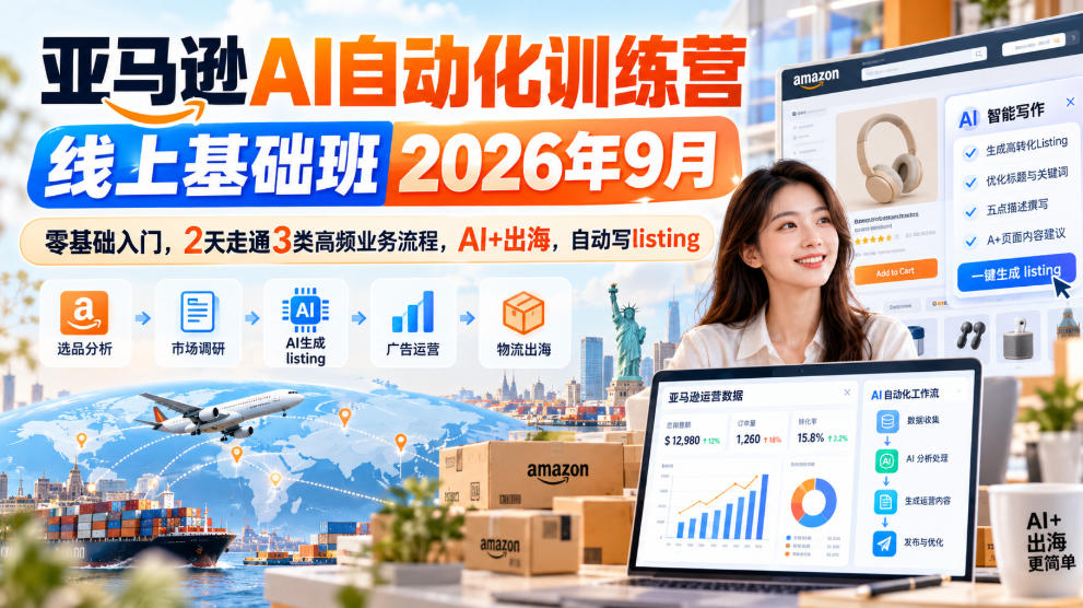 亚马逊AI自动化训练营线上基础班2026年9月，零基础入门，2天走通3类高频业务流程，AI+出海，自动写listing-MFXUI中国站