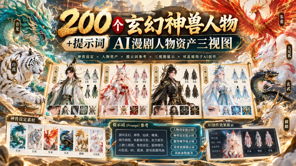 200个玄幻神兽人物+提示词ai漫剧人物资产三视图-MFXUI中国站