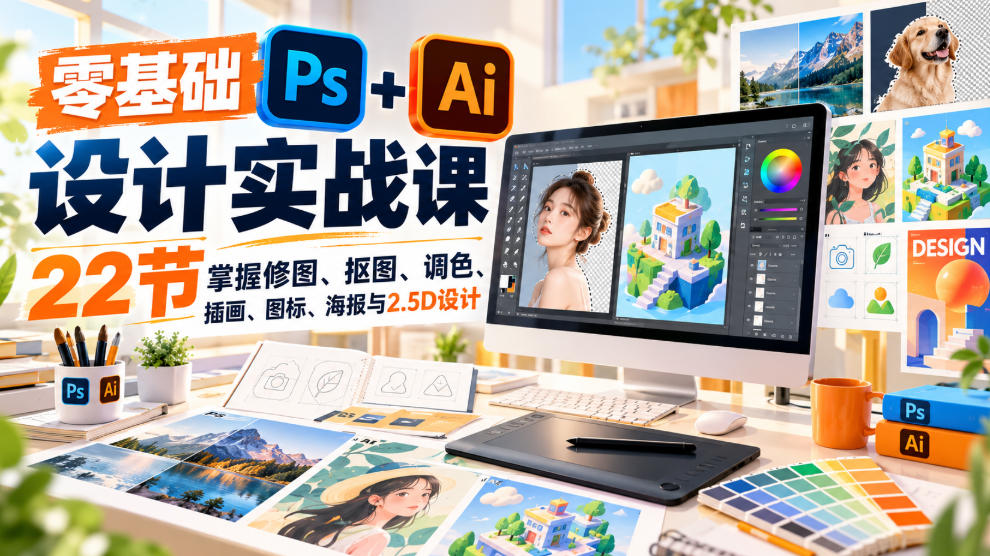 【无水印】零基础PS+AI设计实战课｜22节掌握修图、抠图、调色、插画、图标、海报与2.5D设计-MFXUI中国站
