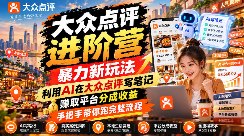 大众点评进阶营，暴力新玩法，利用AI在大众点评写笔记， 賺取平台分成收益，手把手带你跑完整流程-MFXUI中国站
