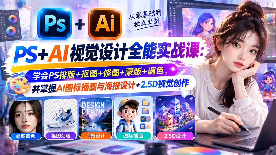 【无水印】PS+AI视觉设计全能实战课:学会PS排版+抠图+修图+蒙版+调色,并掌握AI图标插画与海报设计+2.5D视觉创作-MFXUI中国站