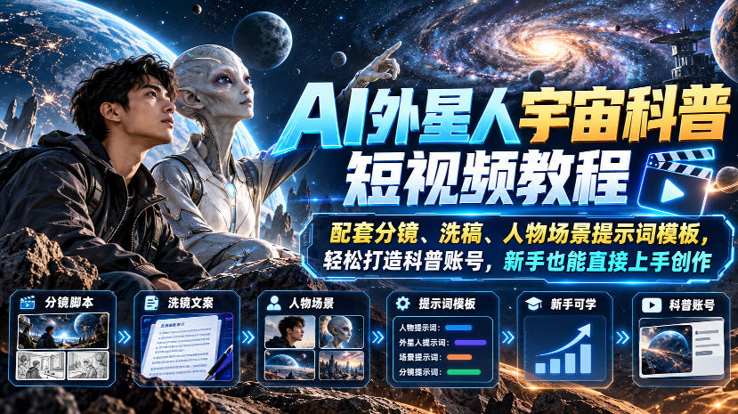 AI外星人宇宙科普短视频教程，配套分镜、洗稿、人物场景提示词模板，轻松打造科普账号，新手也能直接上手创作-MFXUI中国站