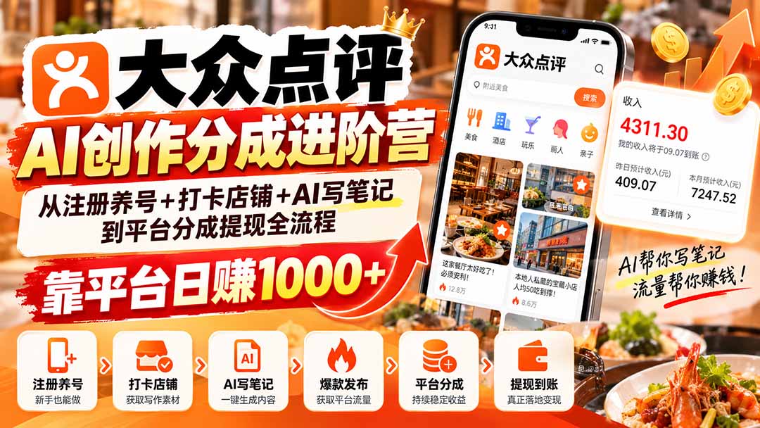 大众点评AI创作分成进阶营：从注册养号+打卡店铺+AI写笔记到平台分成提现全流程，靠平台日赚1000+-MFXUI中国站