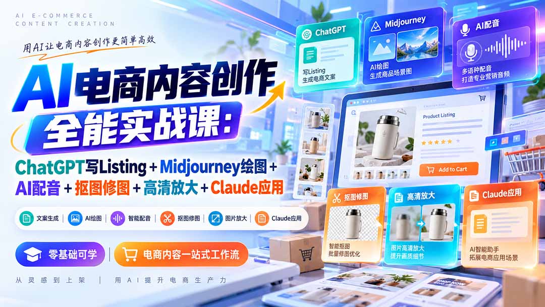 【无水印】AI电商内容创作全能实战课：ChatGPT写Listing+Midjourney绘图+AI配音+抠图修图+高清放大+Claude应用-MFXUI中国站