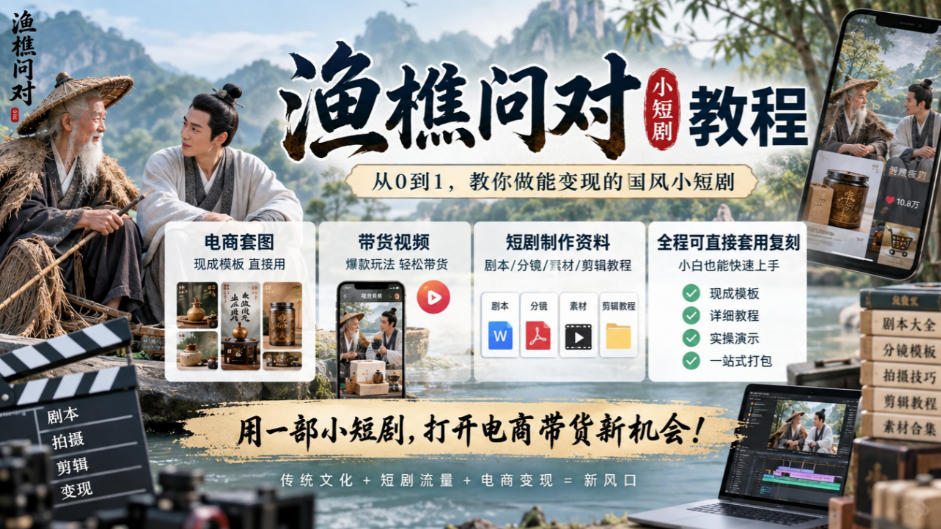 渔樵问对小短剧教程，包含电商套图、带货视频，短剧制作资料，全程可直接套用复刻-MFXUI中国站