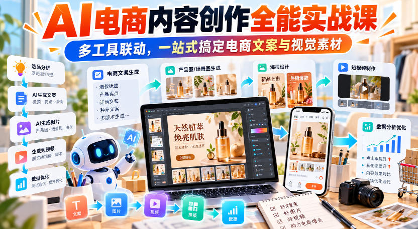 【无水印】AI电商内容创作全能实战课｜多工具联动，一站式搞定电商文案与视觉素材-MFXUI中国站