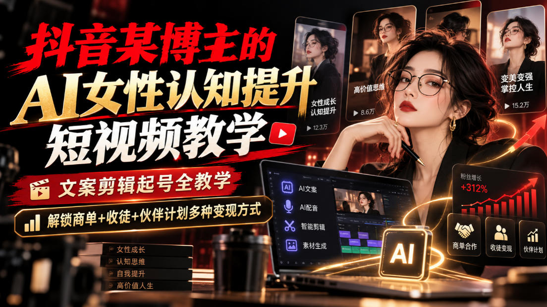 抖音某博主的Ai女性认知提升短视频教学,文案剪辑起号全教学,解锁商单+收徒+伙伴计划多种变现方式-MFXUI中国站