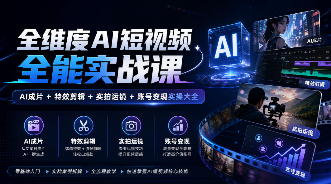 全维度AI短视频全能实战课，AI成片+特效剪辑+实拍运镜+账号变现实操大全-MFXUI中国站
