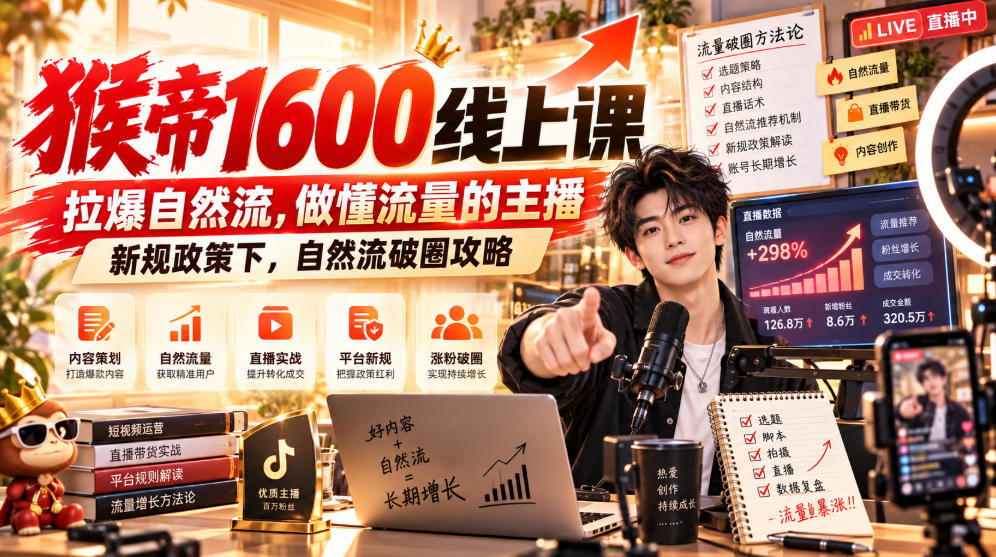 猴帝1600线上课，拉爆自然流，做懂流量的主播，新规政策下，自然流破圈攻略【更新261002】-MFXUI中国站