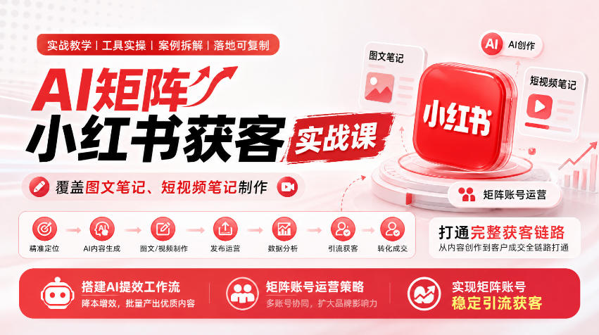 AI矩阵小红书获客实战课，覆盖图文笔记、短视频笔记制作，打通完整获客链路，搭建AI提效工作流，实现矩阵账号稳定引流获客-MFXUI中国站