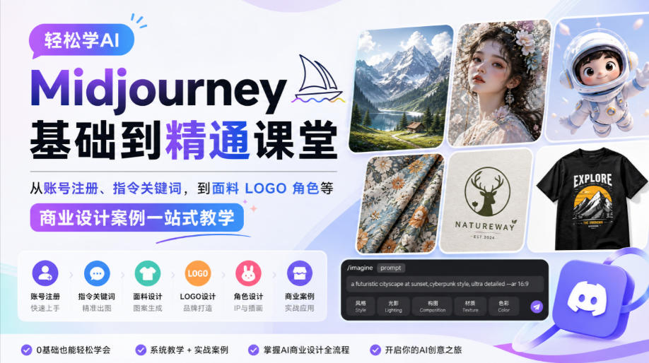 轻松学AI Midjourney基础到精通课堂，从账号注册、指令关键词，到面料LOGO角色等商业设计案例一站式教学-MFXUI中国站