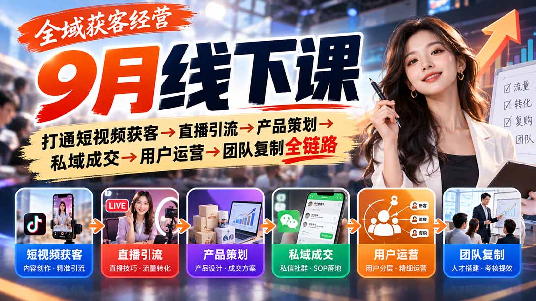 全域获客经营9月线下课：打通短视频获客→直播引流→产品策划→私域成交→用户运营→团队复制全链路-MFXUI中国站