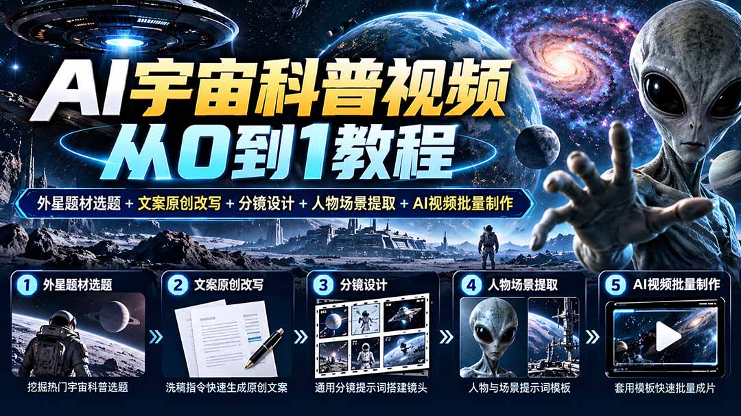 AI宇宙科普视频从0到1教程｜外星题材选题+文案原创改写+分镜设计+人物场景提取+AI视频批量制作-MFXUI中国站