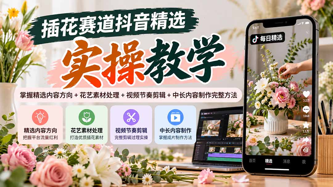 插花赛道抖音精选实操教学：掌握精选内容方向+花艺素材处理+视频节奏剪辑+中长内容制作完整方法-MFXUI中国站