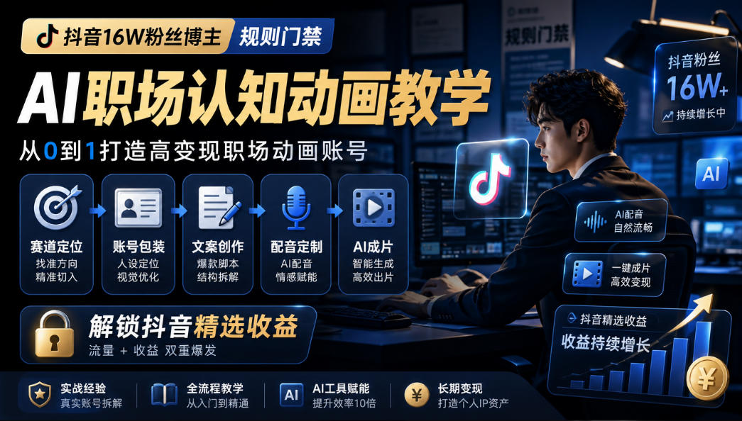 抖音16W粉丝博主规则门禁的AI职场认知动画教学，从赛道定位、账号包装，到文案创作、配音定制、AI成片，解锁抖音精选收益-MFXUI中国站