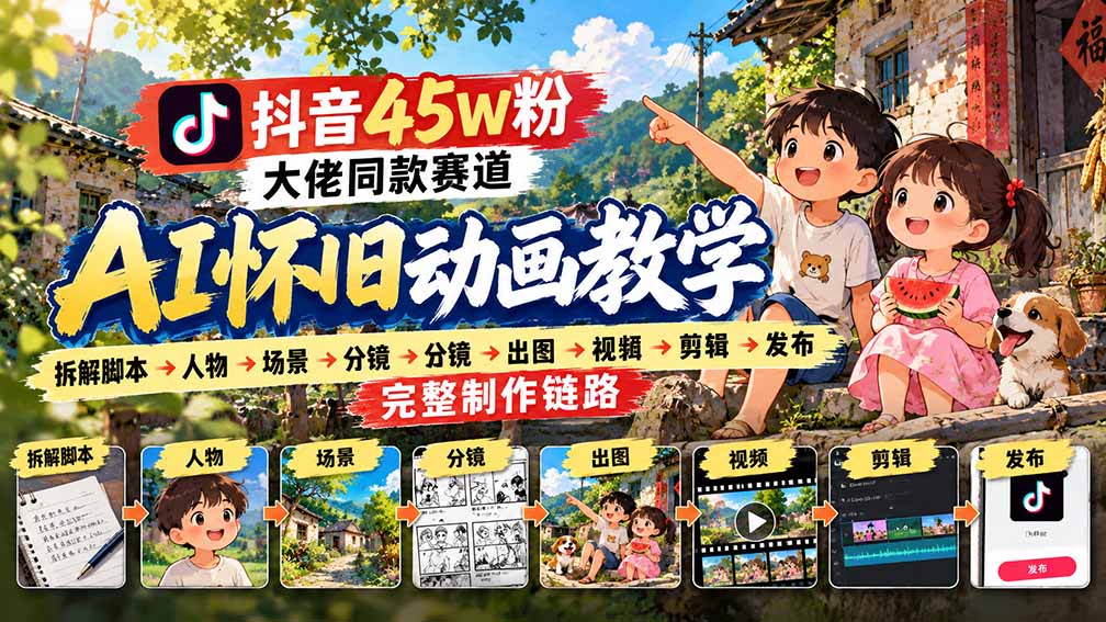 抖音45W粉大佬同款赛道AI怀旧动画教学：拆解脚本→人物→场景→分镜→出图→视频→剪辑→发布完整制作链路-MFXUI中国站