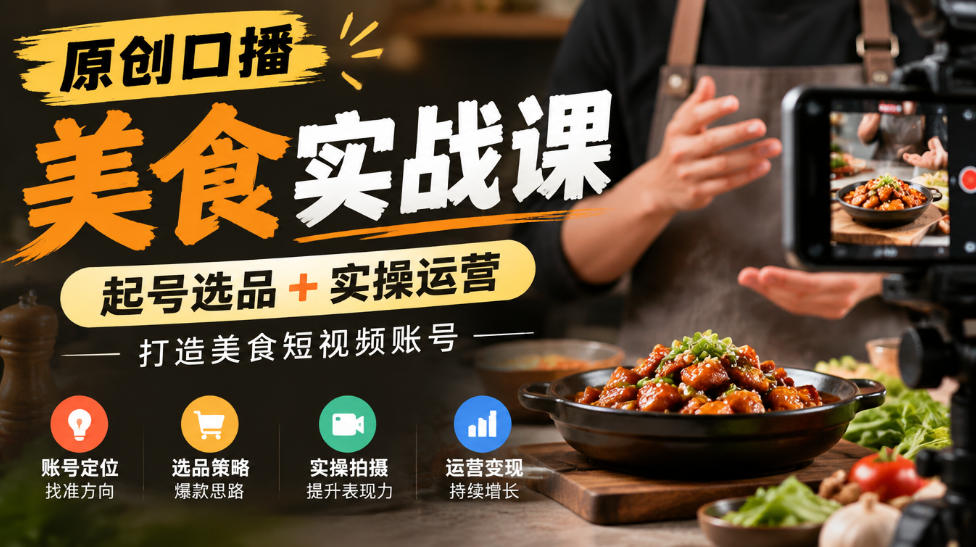 原创口播美食实战课，起号选品+实操运营，打造美食短视频账号-MFXUI中国站