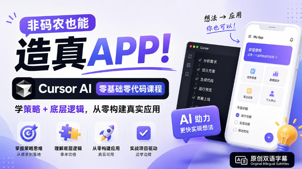 非码农也能造真APP！Cursor AI零基础零代码课程：学策略+底层逻辑，从零构建真实应用【原创双语字幕】-MFXUI中国站