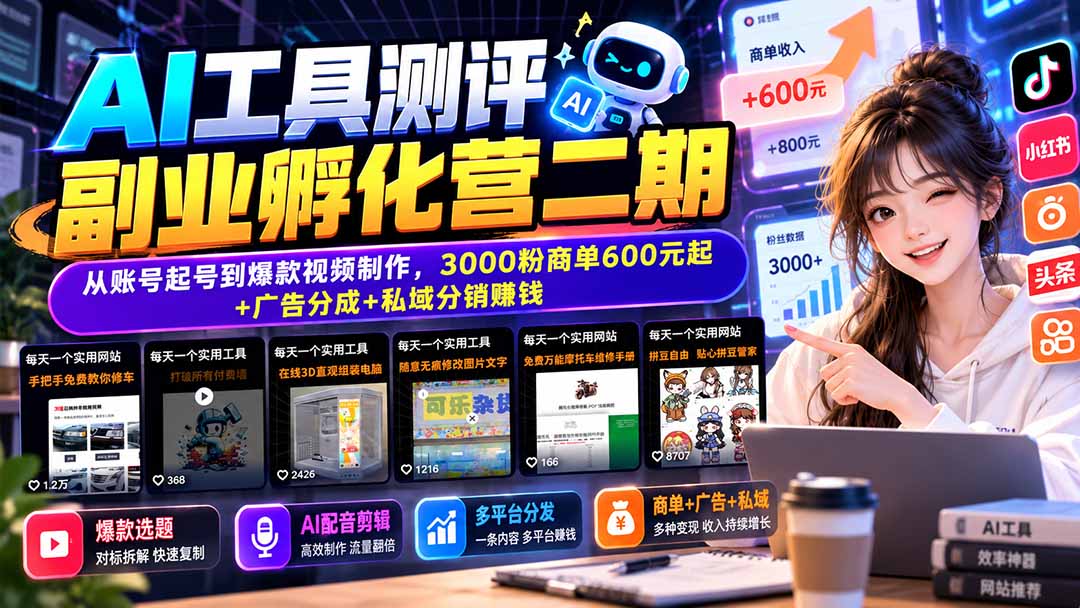 AI工具测评副业孵化营二期:从账号起号到爆款视频制作,3000粉商单600元起+广告分成+私域分销赚钱-MFXUI中国站