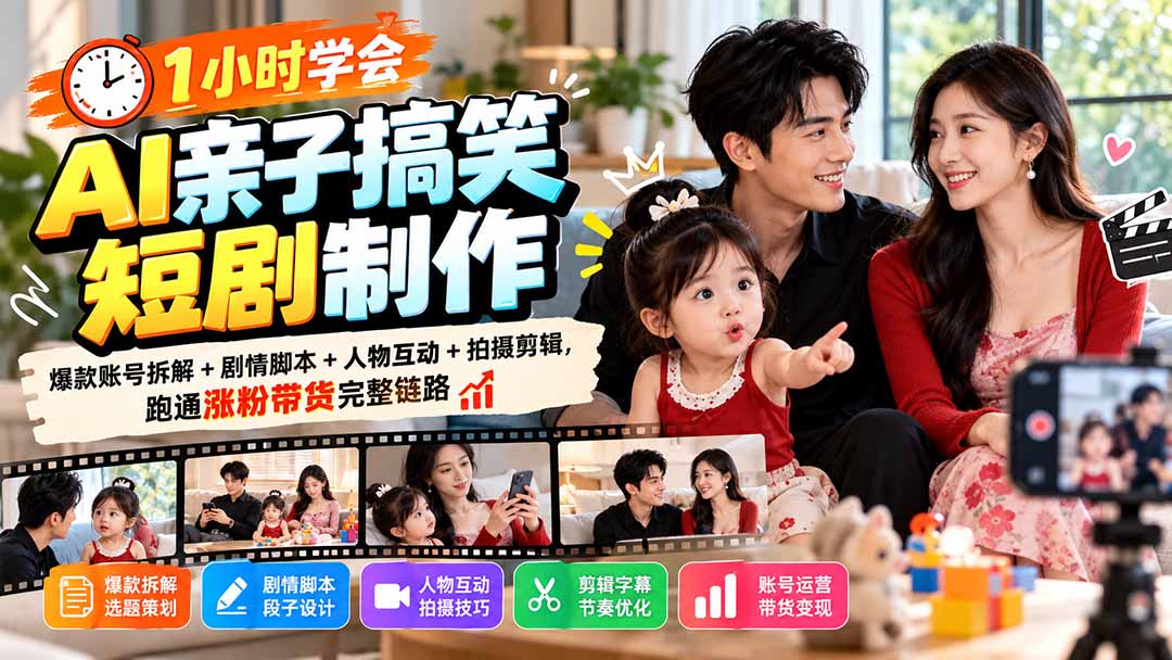 1小时学会AI亲子搞笑短剧制作:爆款账号拆解+剧情脚本+人物互动+拍摄剪辑,跑通涨粉带货完整链路-MFXUI中国站