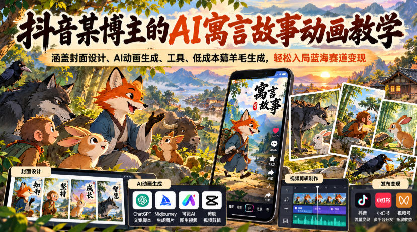 抖音某博主的AI寓言故事动画教学，涵盖封面设计、AI动画生成、工具、低成本薅羊毛生成，轻松入局蓝海赛道变现-MFXUI中国站