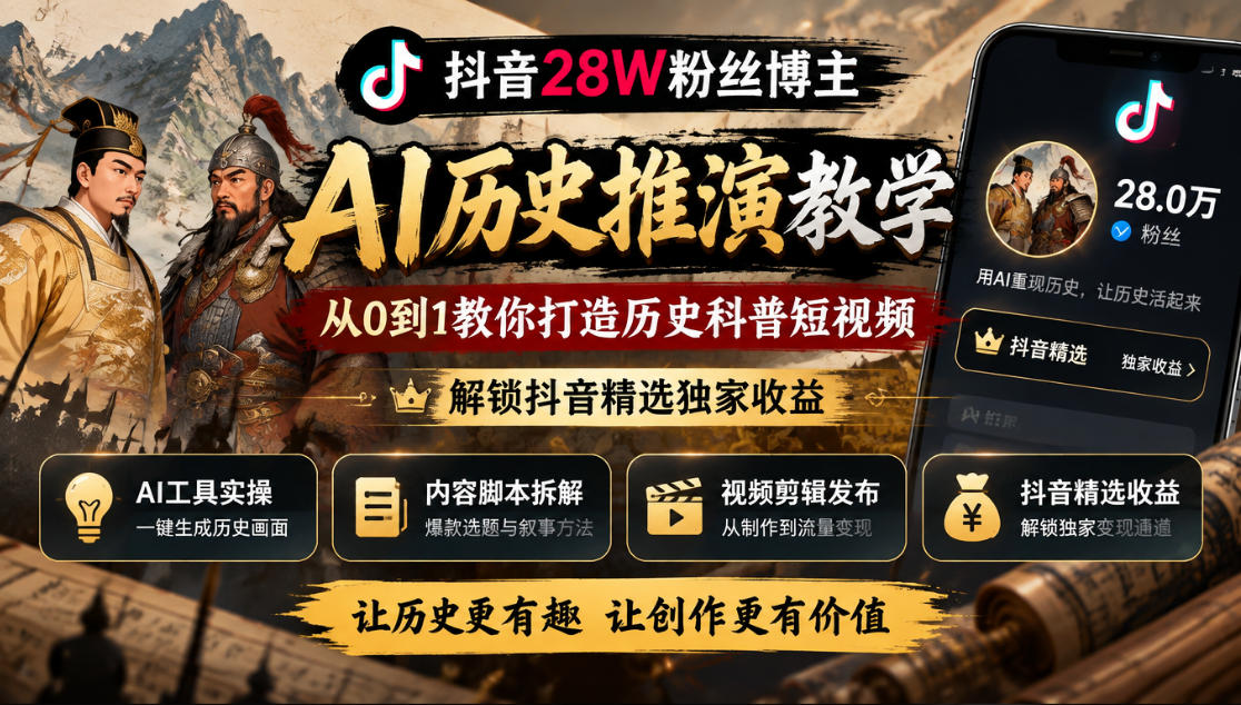抖音28W粉丝博主的AI历史推演教学，从0到1教你打造历史科普短视频，解锁抖音精选独家收益-MFXUI中国站