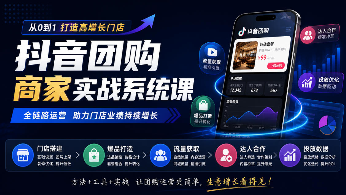 抖音团购商家实战系统课｜门店搭建、爆品打造、流量获取、达人合作、投放数据全链路运营-MFXUI中国站