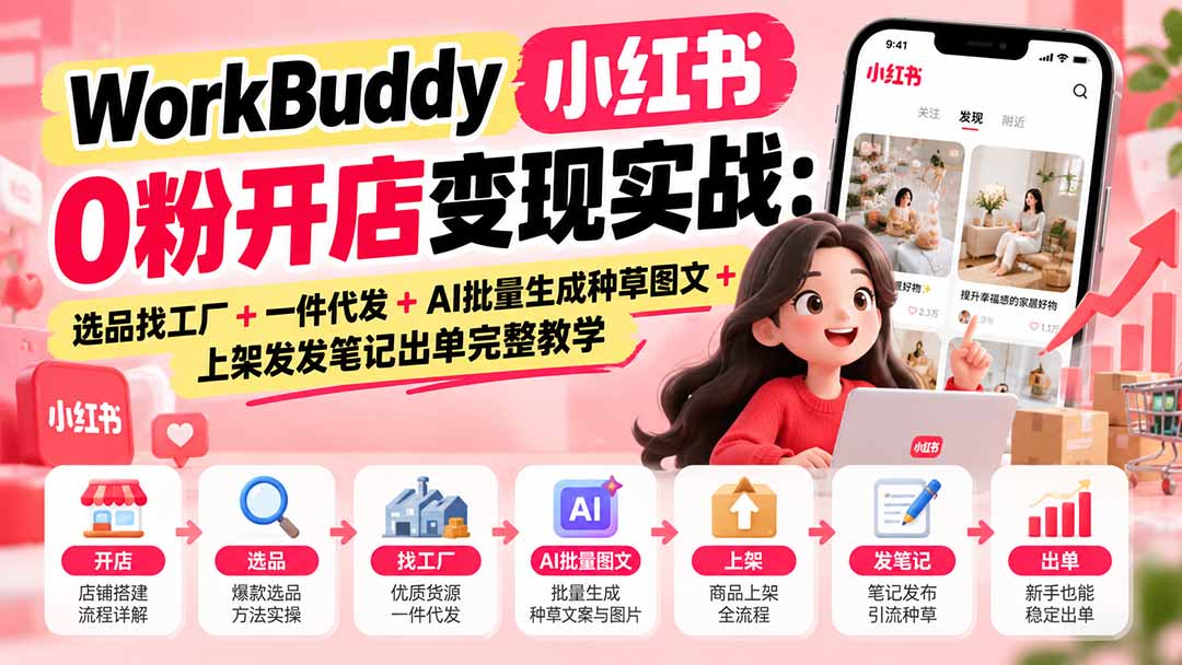 WorkBuddy小红书0粉开店变现实战：选品找工厂+一件代发+AI批量生成种草图文+上架发发笔记出单完整教学-MFXUI中国站