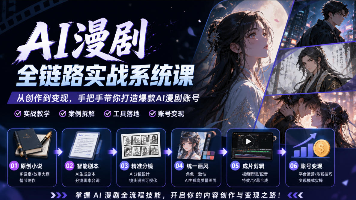 AI漫剧全链路实战系统课｜原创小说、智能剧本、精准分镜、统一画风、成片剪辑、账号变现实操教学-MFXUI中国站