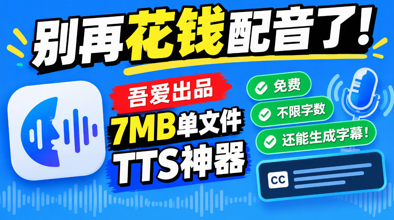 别再花钱配音了！吾爱出品7MB单文件TTS神器，免费不限字数还能生成字幕！-MFXUI中国站